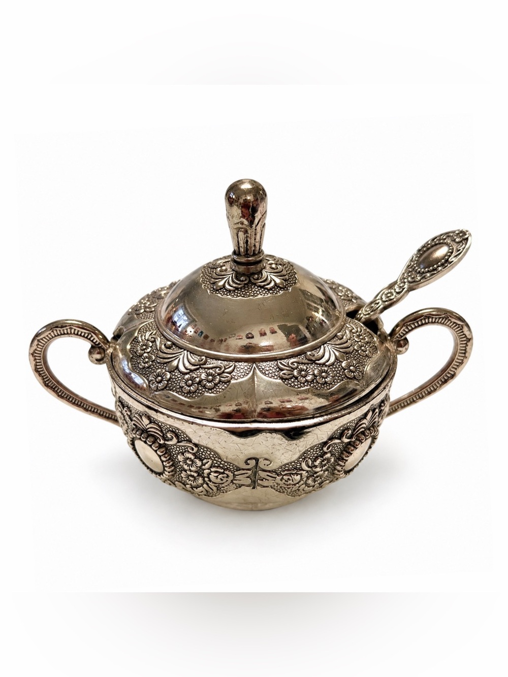 Vintage Italian Ornate Silverplate Sugar Bowl Lid Spoon Collectible Table Decor